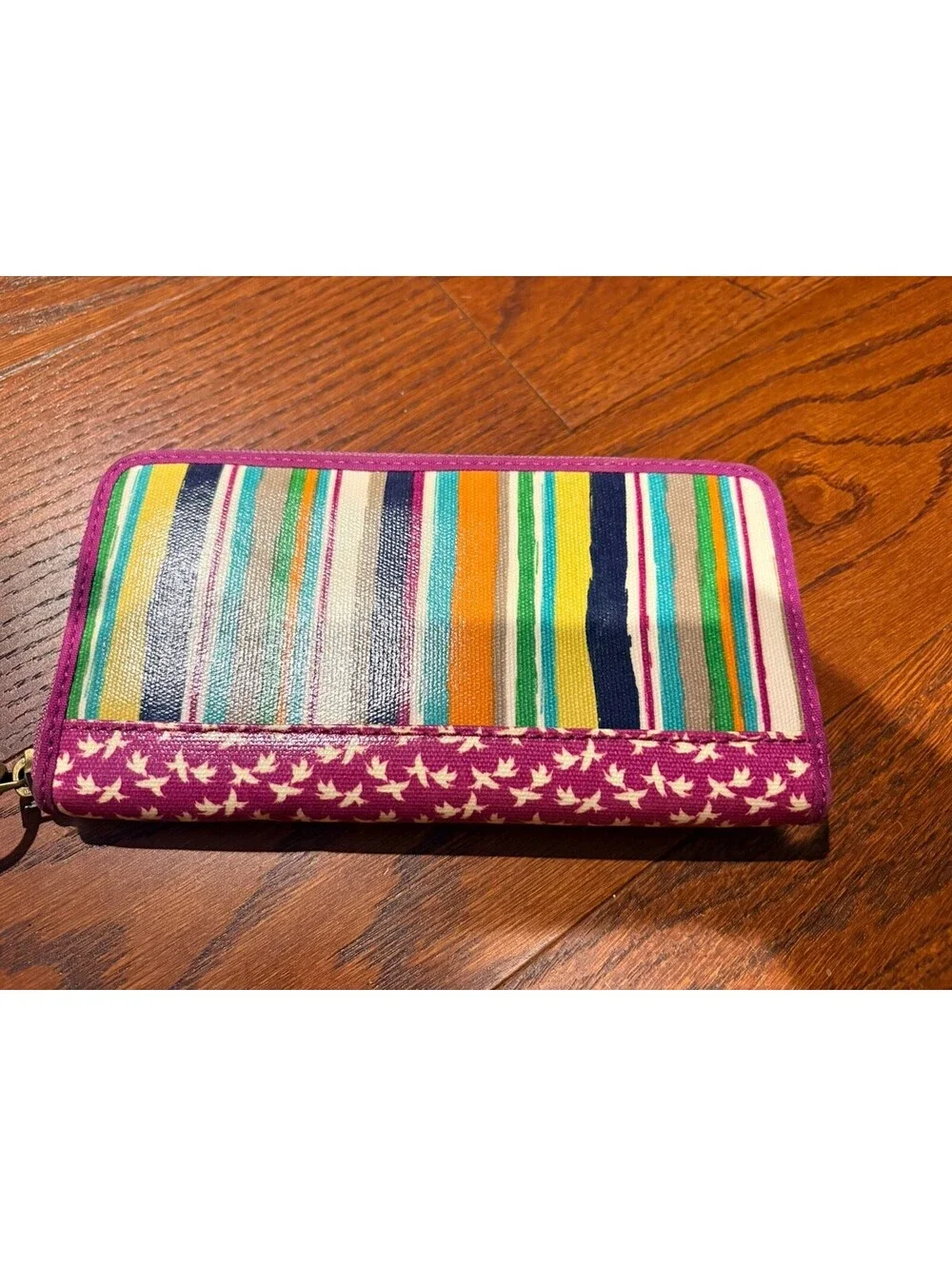 Vintage FOSSIL Key Per Coated Canvas w/Leather Trim Zip Around Wallet Colorful